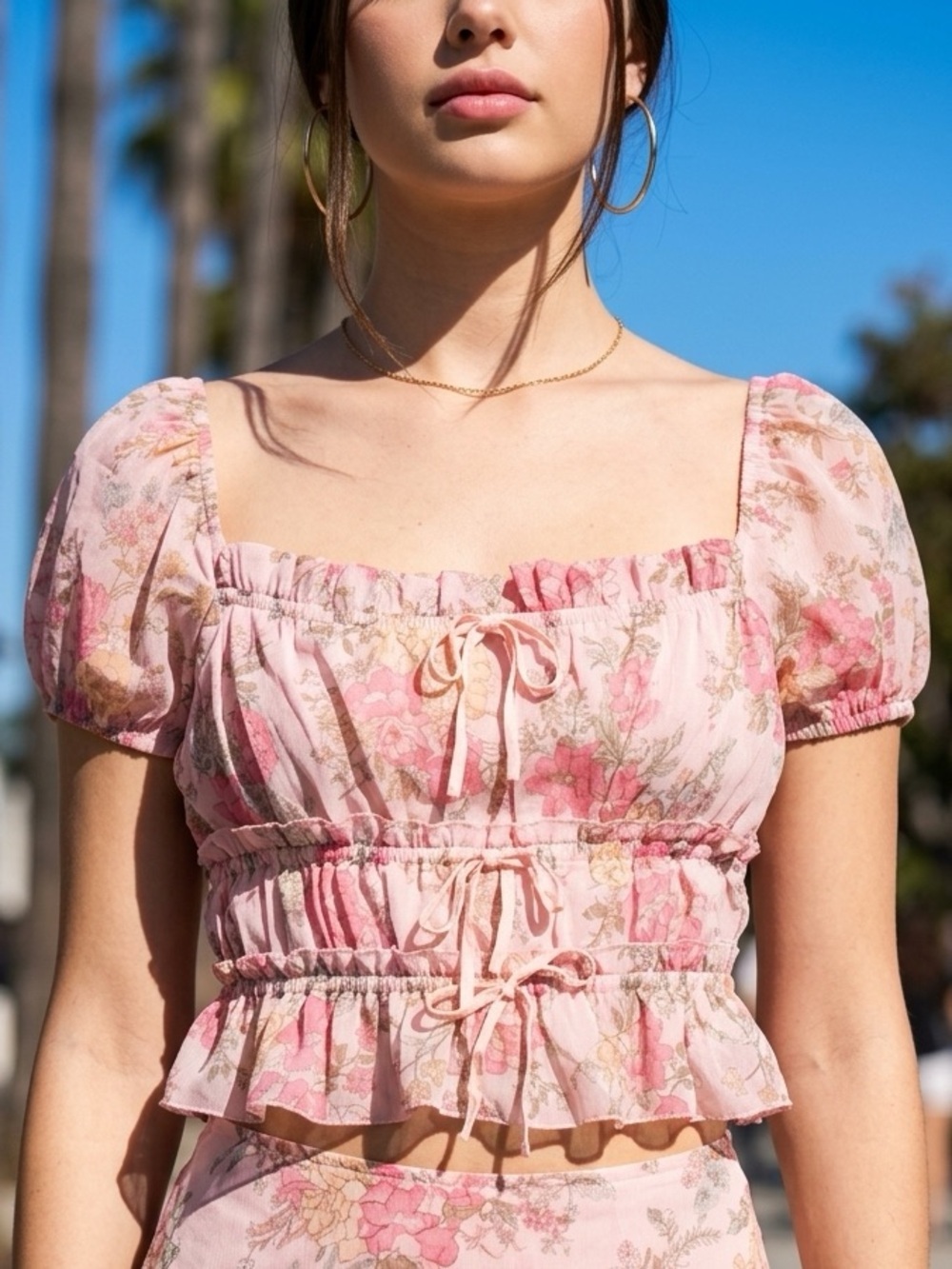 Floral Pink Puff-Sleeve Smocked Crop Top